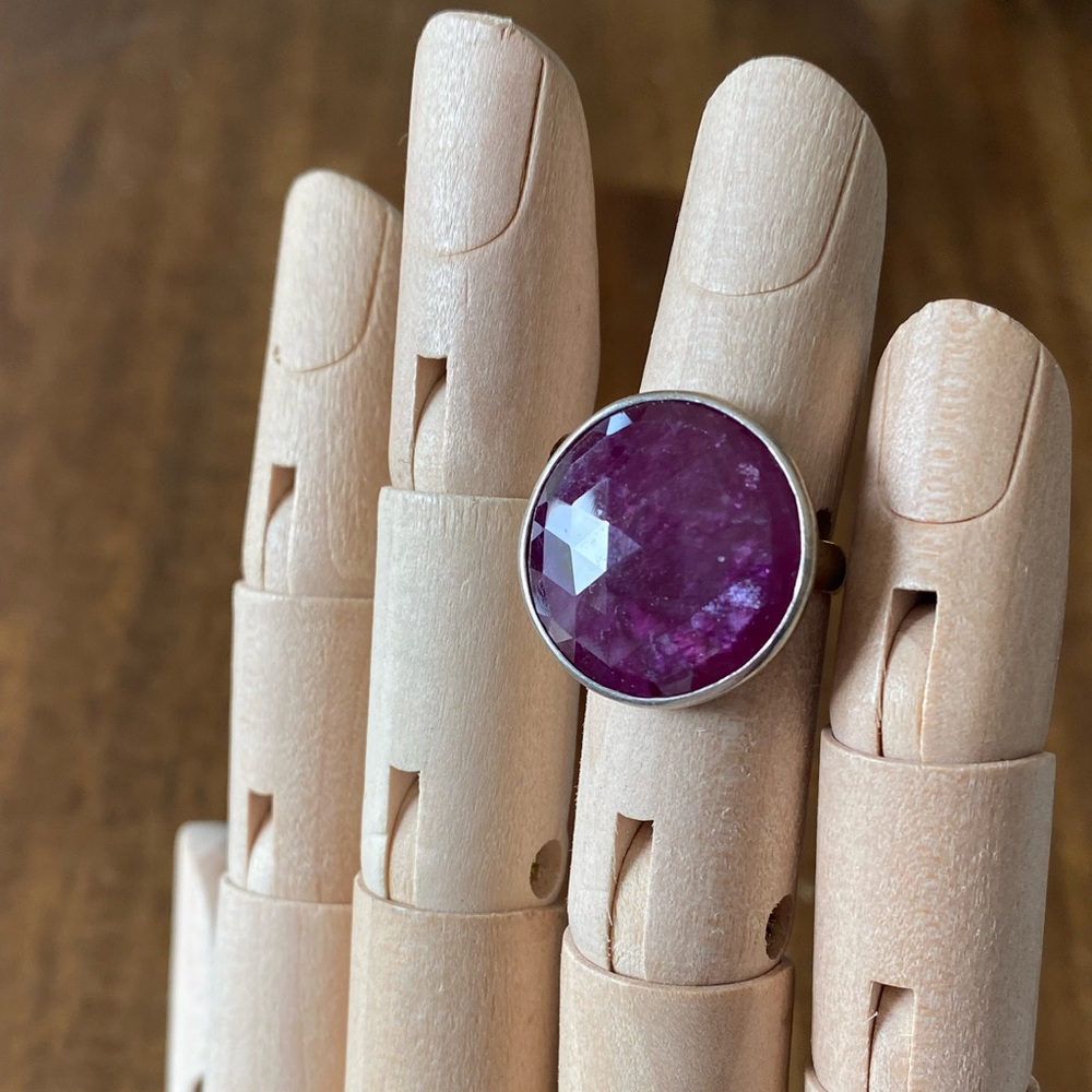 Faceted Round Ruby Sterling Silver Ring - image 1